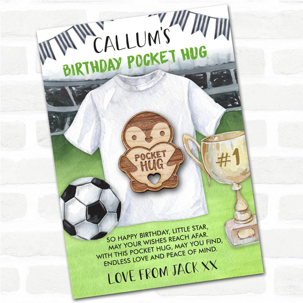 Penguin Holding Heart Kid's Boys Birthday Football Personalised Gift Pocket Hug