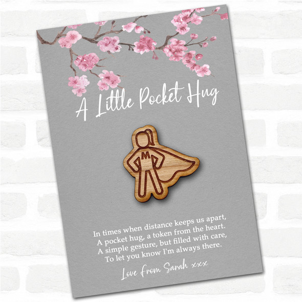 Girl Hero In Cape Grey Pink Blossom Personalised Gift Pocket Hug