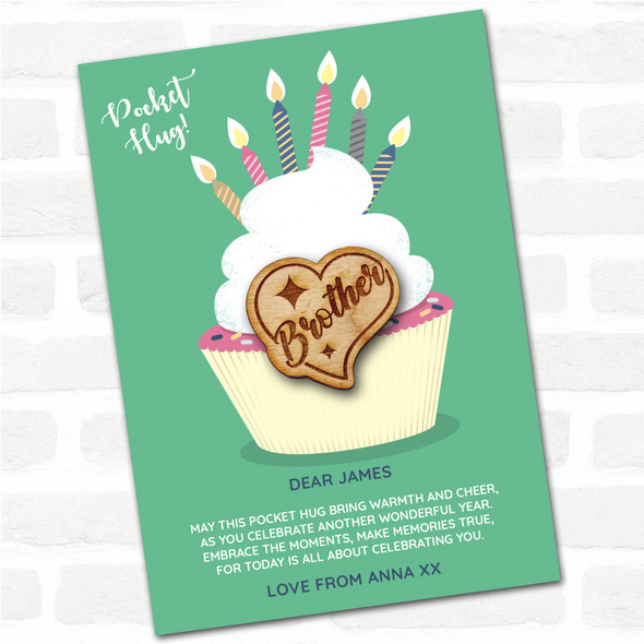 Brother Sparkles In Heart Cupcake Happy Birthday Personalised Gift Pocket Hug