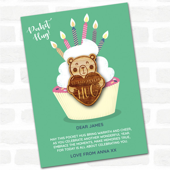 Love Heart Teddy Bear Cupcake Happy Birthday Personalised Gift Pocket Hug