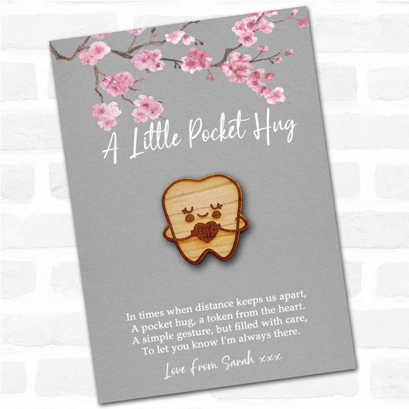 Smiling Tooth Heart Grey Pink Blossom Personalised Gift Pocket Hug