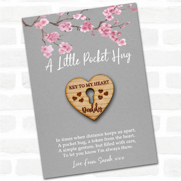 Keyhole & Hearts Daddy Grey Pink Blossom Personalised Gift Pocket Hug