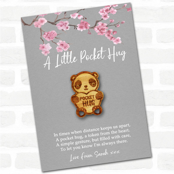 Cute Panda Bear Grey Pink Blossom Personalised Gift Pocket Hug