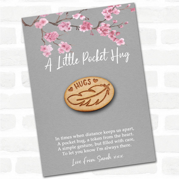 Feather & Hearts Grey Pink Blossom Personalised Gift Pocket Hug