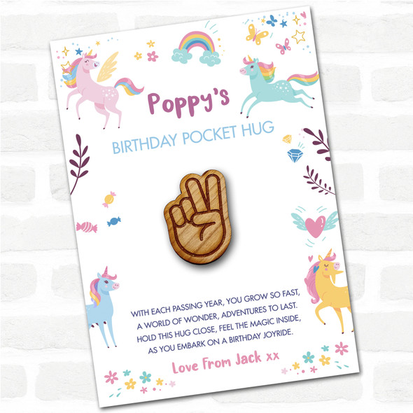 Peace Fingers Kid's Girls Birthday Unicorn Personalised Gift Pocket Hug