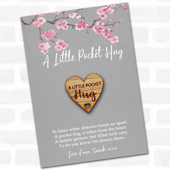 Hole Cut From Heart Grey Pink Blossom Personalised Gift Pocket Hug