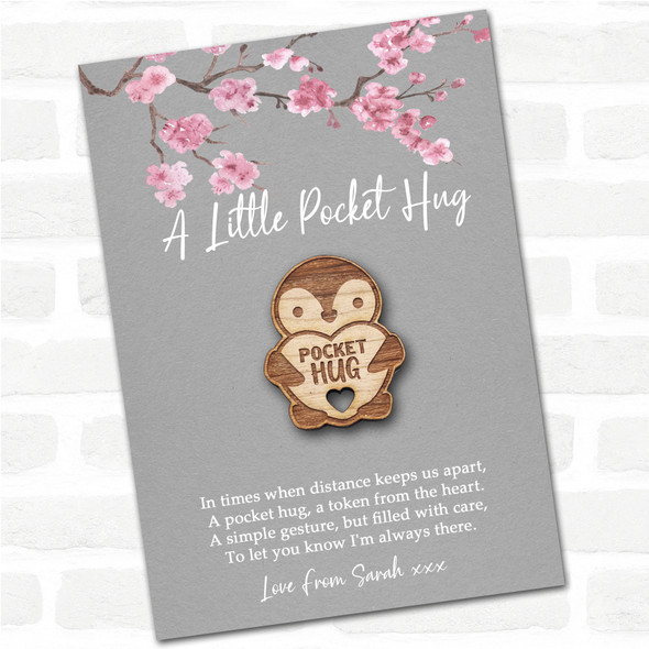 Penguin Holding Heart Grey Pink Blossom Personalised Gift Pocket Hug