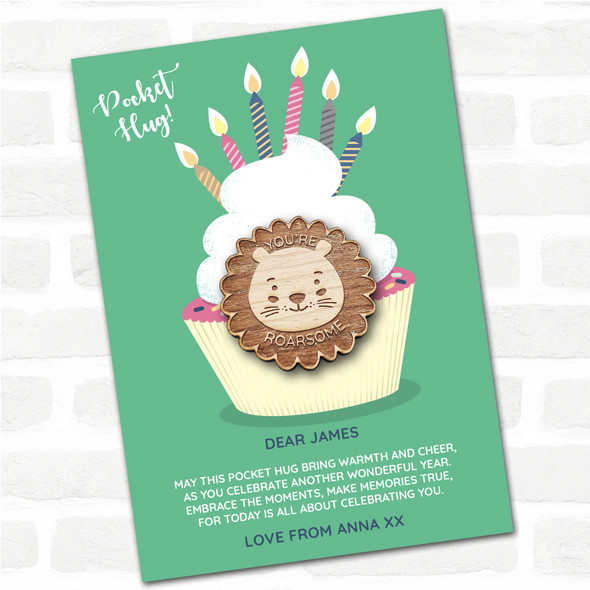 Cute Lion Cupcake Happy Birthday Personalised Gift Pocket Hug