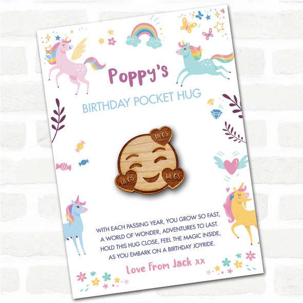 Smiley Emoji Hearts Kid's Girls Birthday Unicorn Personalised Gift Pocket Hug