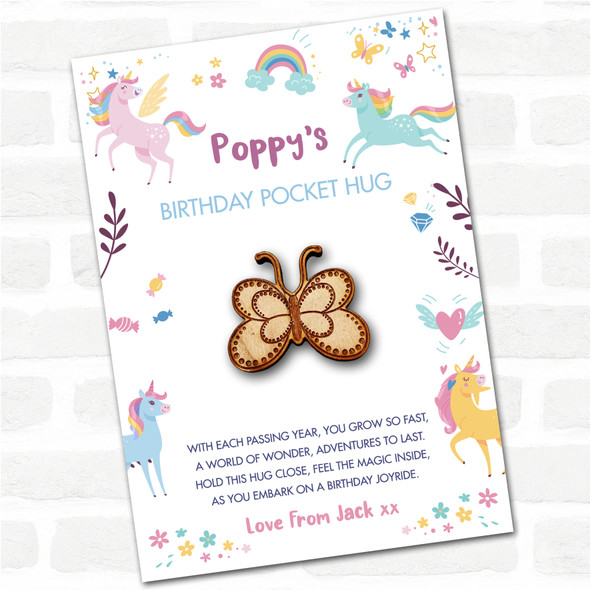 Dotty Outline Butterfly Kid's Birthday Unicorn Personalised Gift Pocket Hug