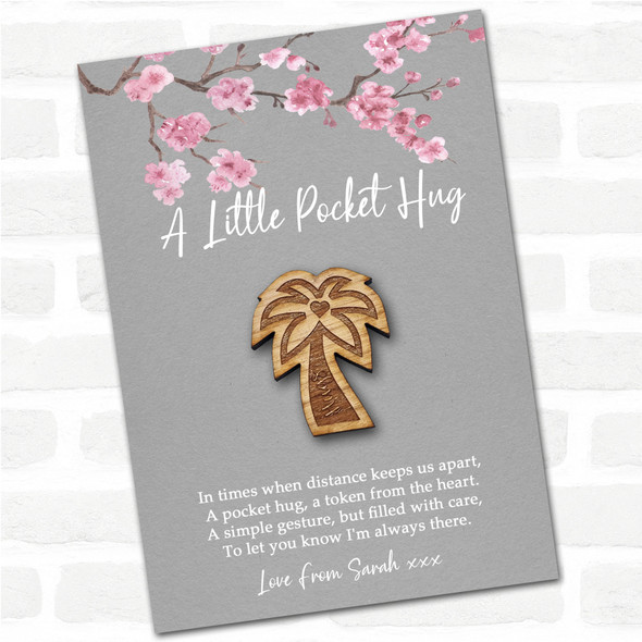 Palm Tree Heart Grey Pink Blossom Personalised Gift Pocket Hug