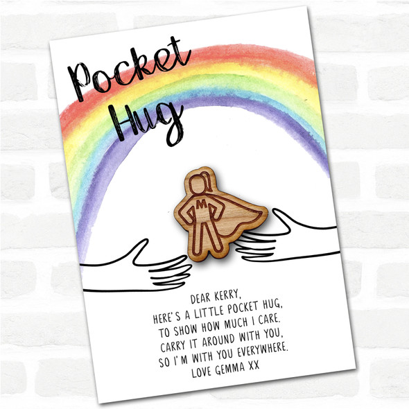 Girl Hero In Cape Rainbow Personalised Gift Pocket Hug