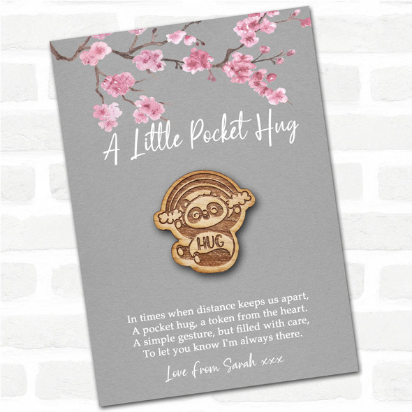 Panda Holding A Rainbow Grey Pink Blossom Personalised Gift Pocket Hug