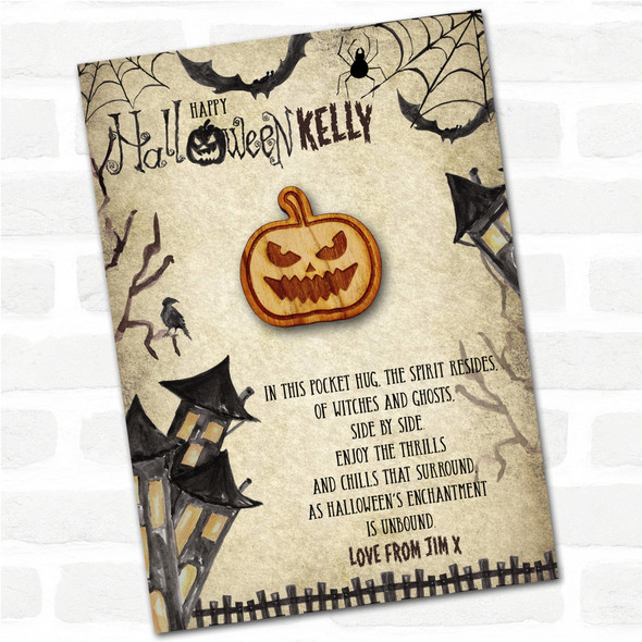 Angry Pumpkin Happy Halloween Haunted Personalised Gift Pocket Hug