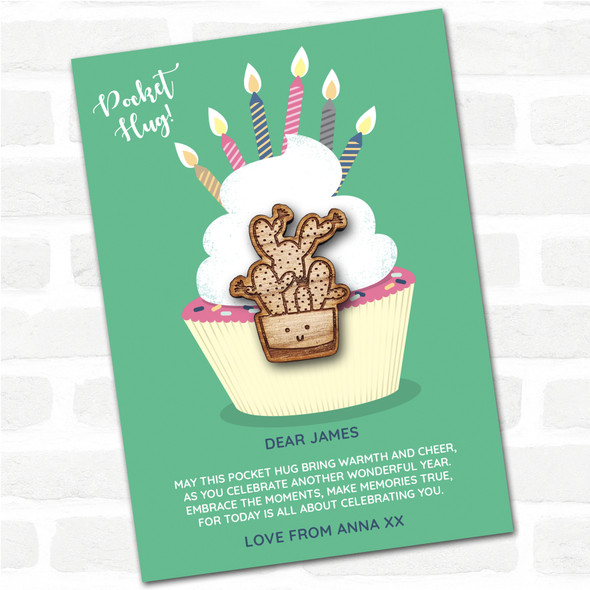 Big Spotty Cactus Pot Cupcake Happy Birthday Personalised Gift Pocket Hug