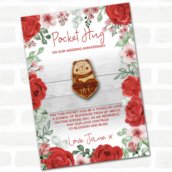 Cute Bear Wearing Scarf Roses Wedding Anniversary Personalised Gift Pocket Hug