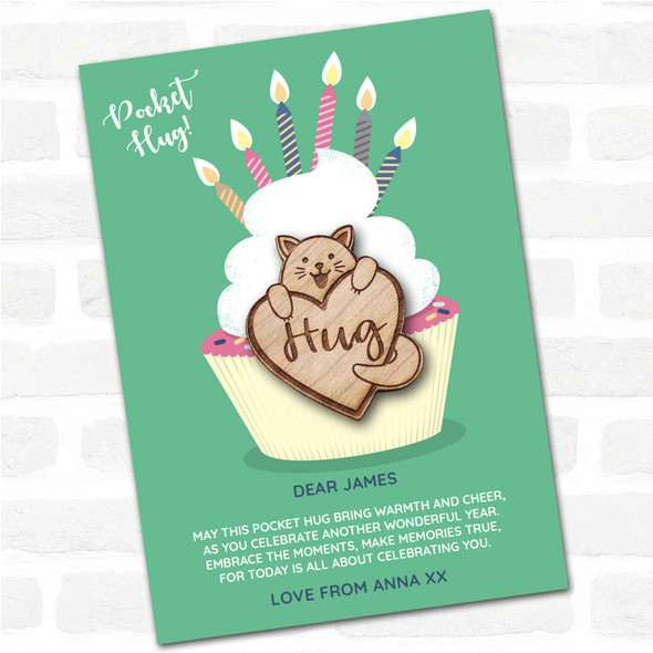 Smiling Cat Love Heart Cupcake Happy Birthday Personalised Gift Pocket Hug