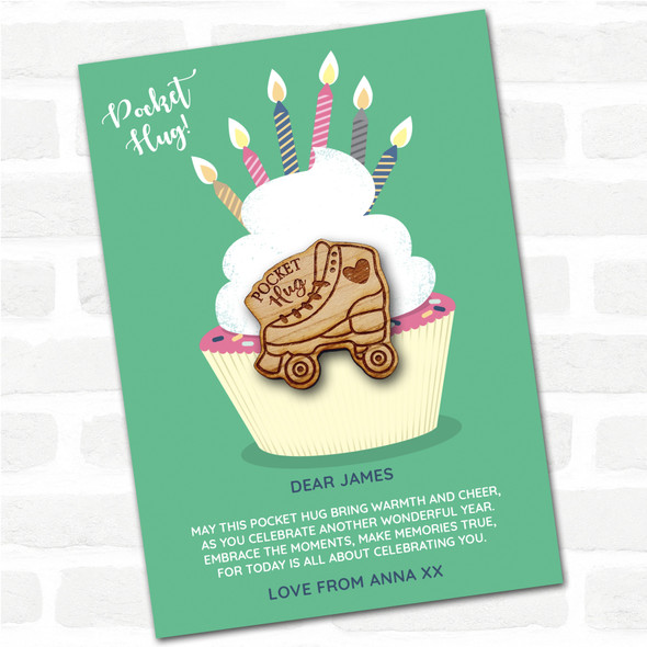 Roller Skates & Heart Cupcake Happy Birthday Personalised Gift Pocket Hug