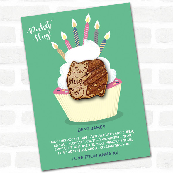 2 Cats Cuddle Together Cupcake Happy Birthday Personalised Gift Pocket Hug