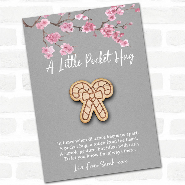 Candy Canes Bow Grey Pink Blossom Personalised Gift Pocket Hug