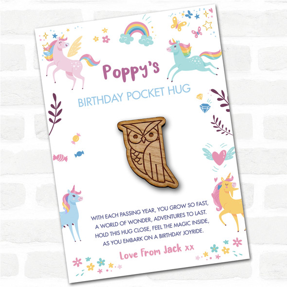 Owl Looking To The Side Kid's Birthday Unicorn Personalised Gift Pocket Hug
