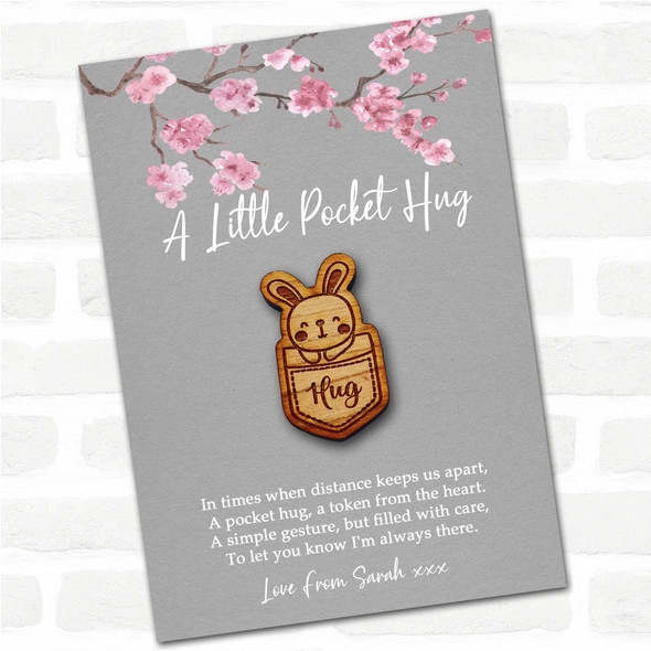 Cute Bunny In A Pocket Grey Pink Blossom Personalised Gift Pocket Hug