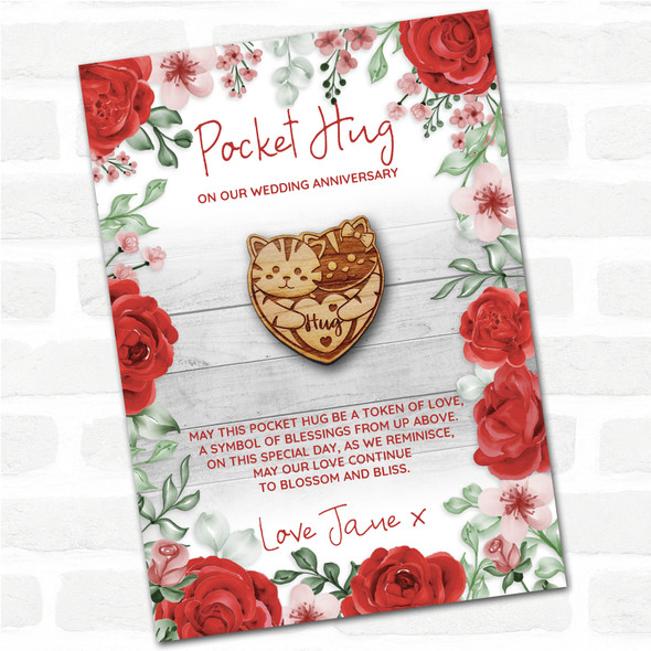 2 Cute Cuddling Cats Roses Wedding Anniversary Personalised Gift Pocket Hug