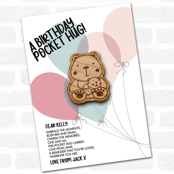 Parent & Baby Bear Balloons Happy Birthday Personalised Gift Pocket Hug