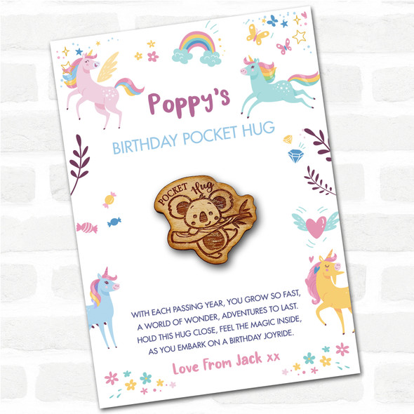Cute Koala Hanging Kid's Girls Birthday Unicorn Personalised Gift Pocket Hug