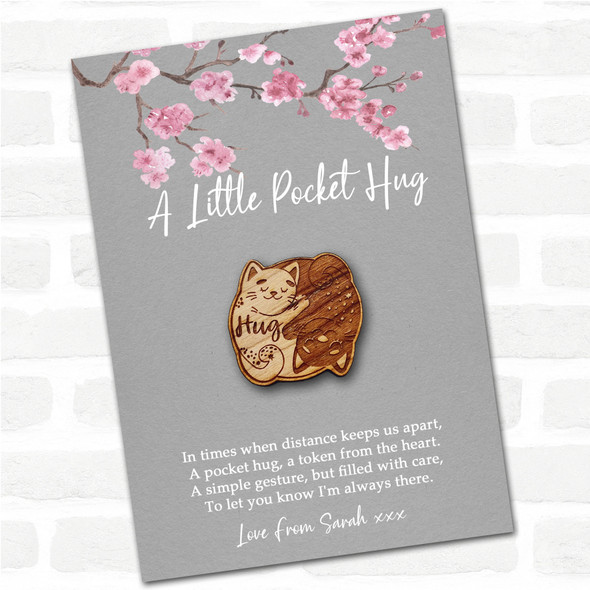 2 Cats Cuddle Together Grey Pink Blossom Personalised Gift Pocket Hug