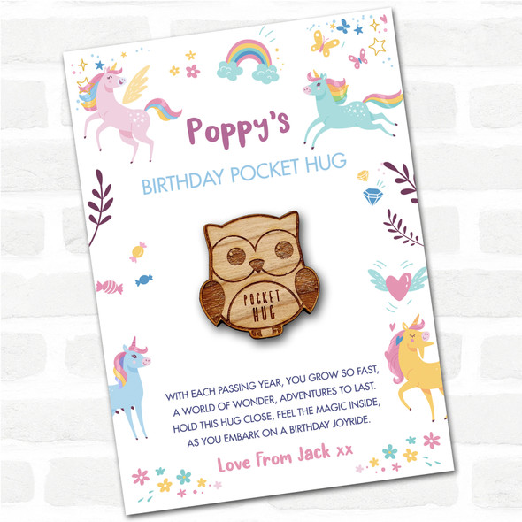 Big Eyed Owl Kid's Girls Birthday Unicorn Personalised Gift Pocket Hug