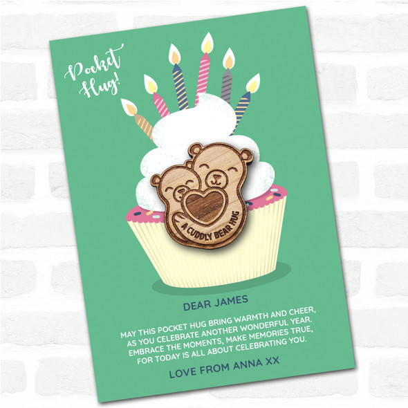 2 Bears Cuddling Cupcake Happy Birthday Personalised Gift Pocket Hug