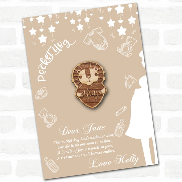 Lion And love Heart Neutral Baby Shower Personalised Gift Pocket Hug
