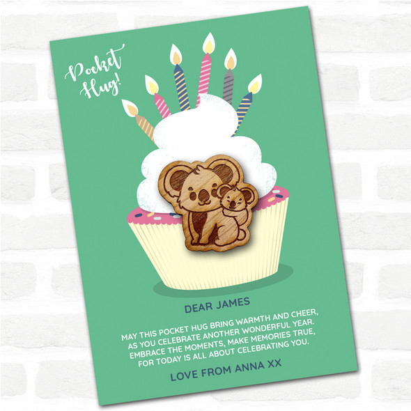 Parent & Baby Koala Cupcake Happy Birthday Personalised Gift Pocket Hug