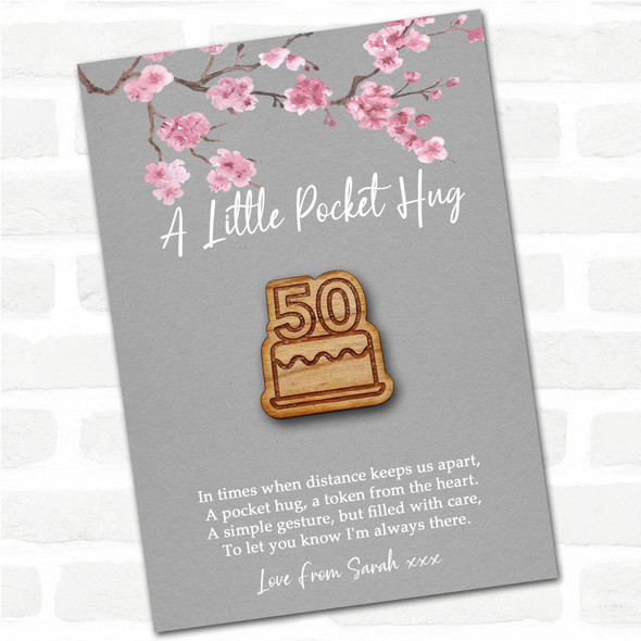 Birthday Cake 50 Candles Grey Pink Blossom Personalised Gift Pocket Hug