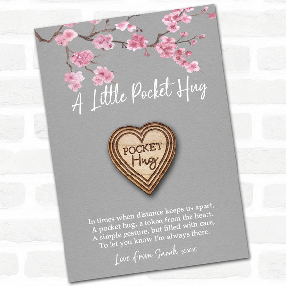 Hearts Pattern Grey Pink Blossom Personalised Gift Pocket Hug