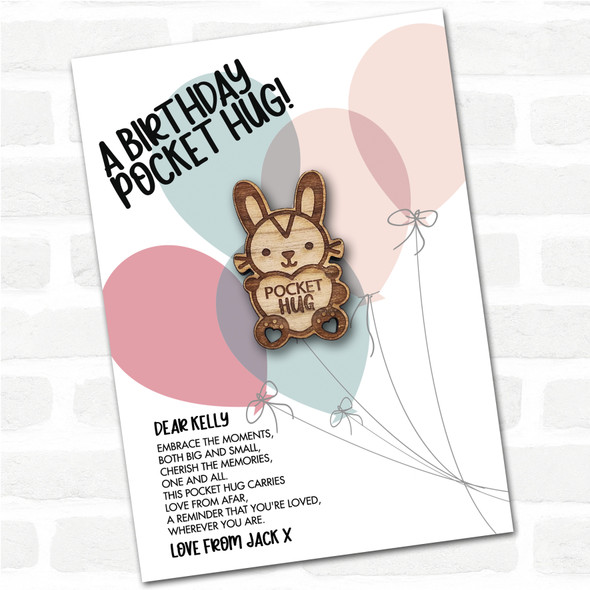 Bunny Rabbit Heart Balloons Happy Birthday Personalised Gift Pocket Hug