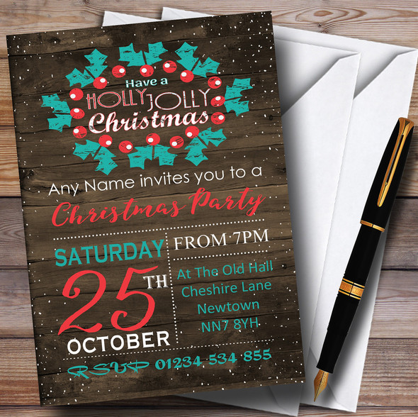 Wood Effect Rustic Jolly Customised Christmas Party Invitations