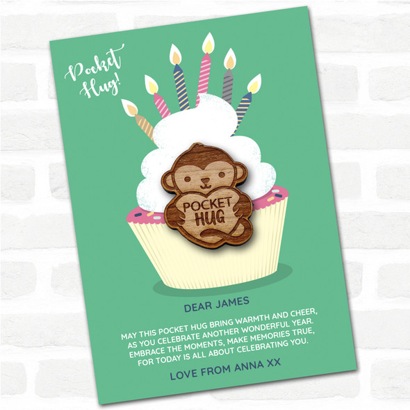 Monkey Heart Cupcake Happy Birthday Personalised Gift Pocket Hug