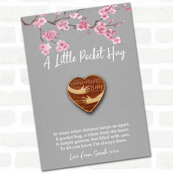Heart And Cuddled Arms Grey Pink Blossom Personalised Gift Pocket Hug