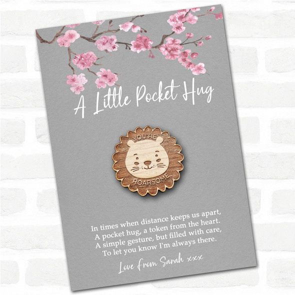 Cute Lion Grey Pink Blossom Personalised Gift Pocket Hug