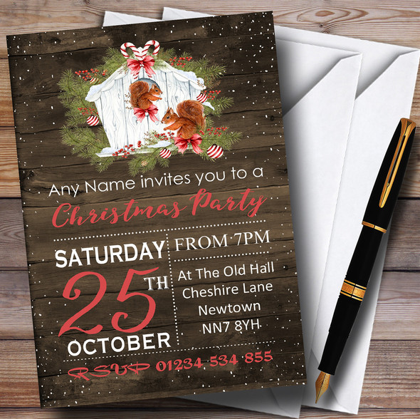Wood Effect Rustic Squirrels Customised Christmas Party Invitations