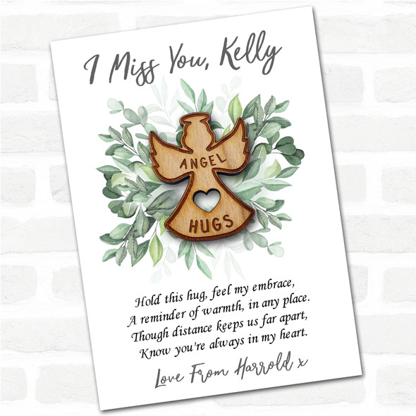 Angel Halo & Wings Green Leaves I Miss You Personalised Gift Pocket Hug