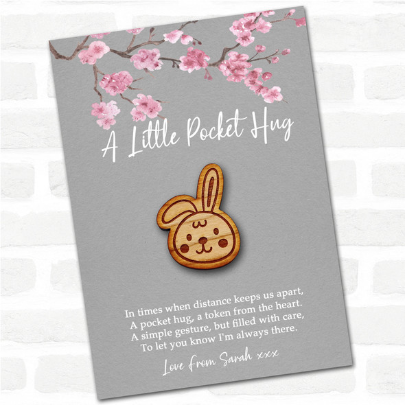 Cute Simple Bunny Head Grey Pink Blossom Personalised Gift Pocket Hug