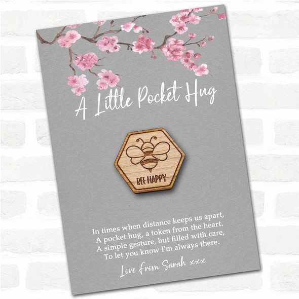 Back Of Flying Bee Grey Pink Blossom Personalised Gift Pocket Hug