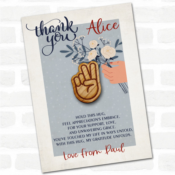 Peace Fingers Blue Flowers Thank You Personalised Gift Pocket Hug