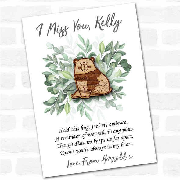 Sweet Winter Bear Green Leaves I Miss You Personalised Gift Pocket Hug