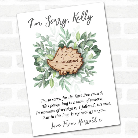 Cute Smiling Hedgehog Leaves I'm Sorry Apology Personalised Gift Pocket Hug