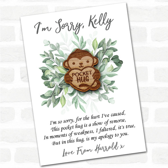 Monkey Heart Leaves I'm Sorry Apology Personalised Gift Pocket Hug