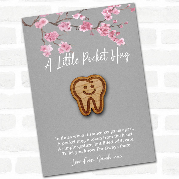 Smiley Face Tooth Grey Pink Blossom Personalised Gift Pocket Hug